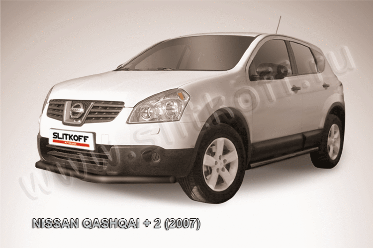 Защита переднего бампера d57 длинная черная Nissan Qashqai +2 (2008-2010)